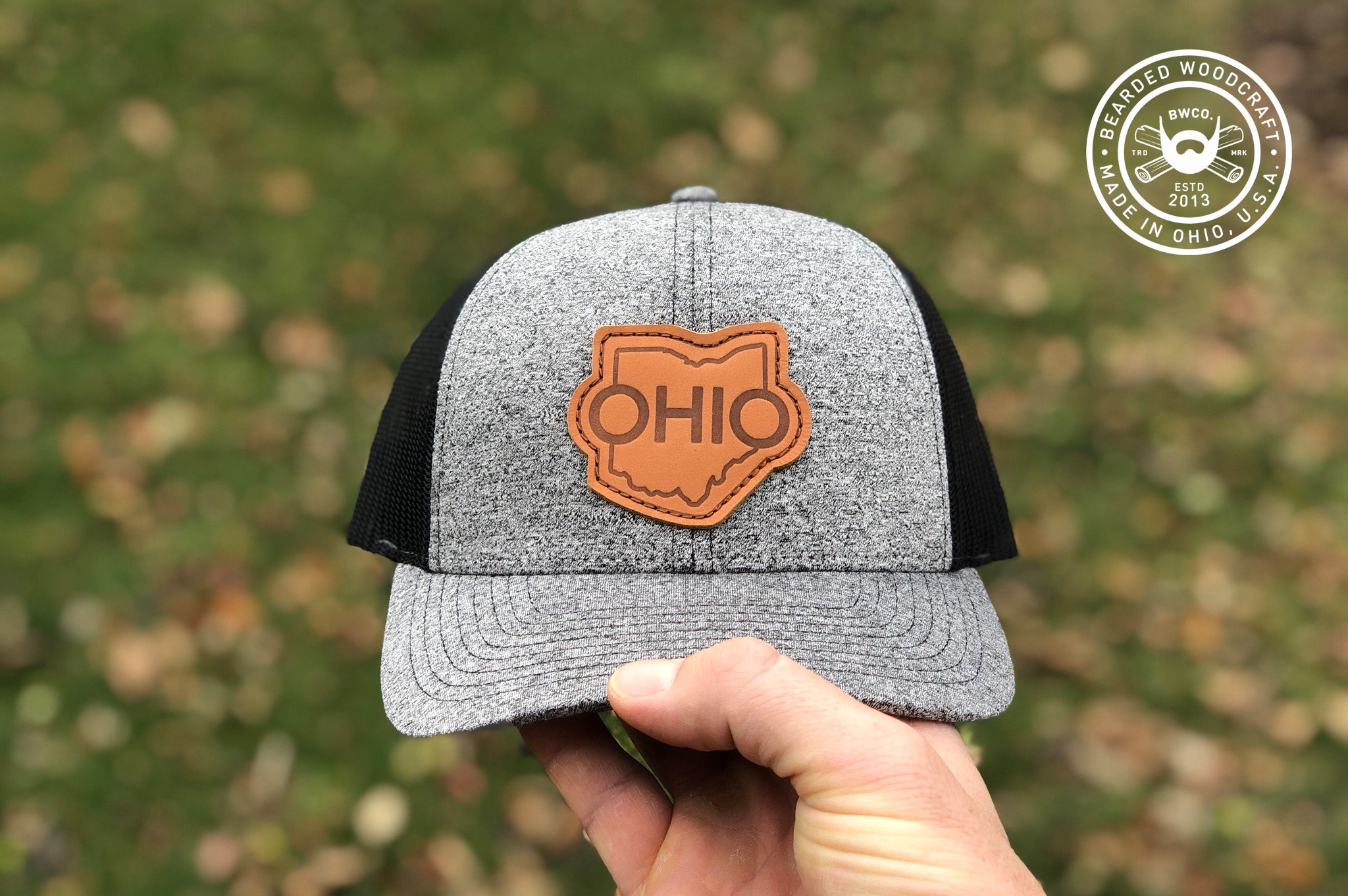 Custom Leather Ohio Flag Patch Hat. Ohio Leather Truck Hat. Laser Engraved Patch Hat. Dark Brown / Black/Gray